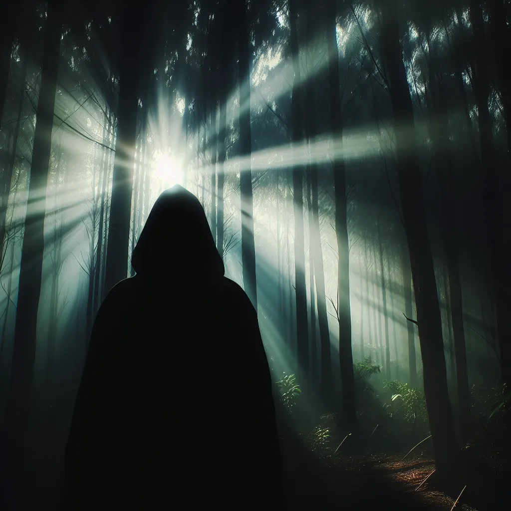 A mysterious silhouette stands at the edge of a dense forest, its face hidden in shadow. Rays of sunlight filter through the trees, casting an ethereal glow on the figure, evoking an air of intrigue and mystique.