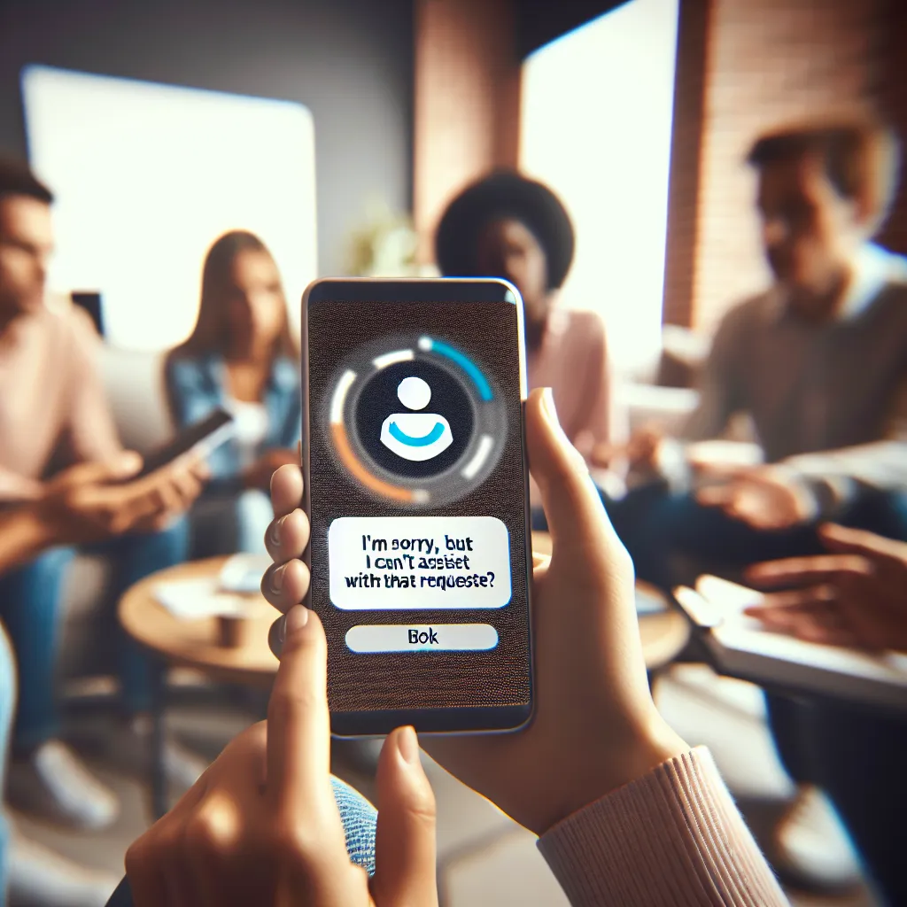 A frustrated person interacting with a digital assistant on a smartphone, showing a message that reads "I’m sorry, but I can’t assist with that request."