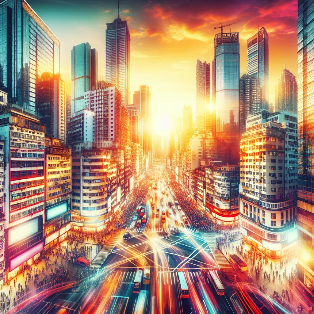 A bright and colorful cityscape, with tall buildings and bustling streets filled with people and vehicles. The sky is clear and sunny, creating a vibrant and energetic atmosphere.