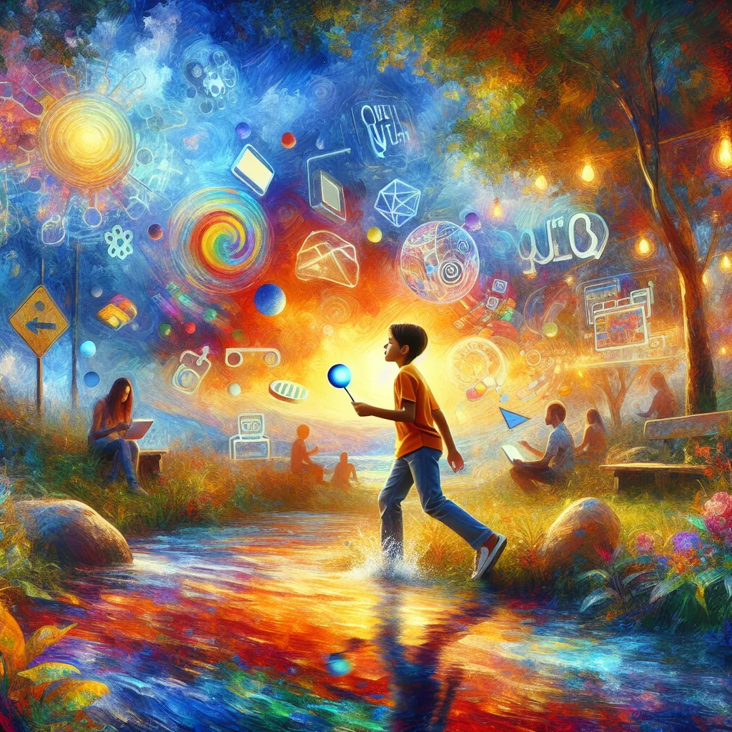 Boy, Play, Transformation, Quiz, Internet in the style of Monet