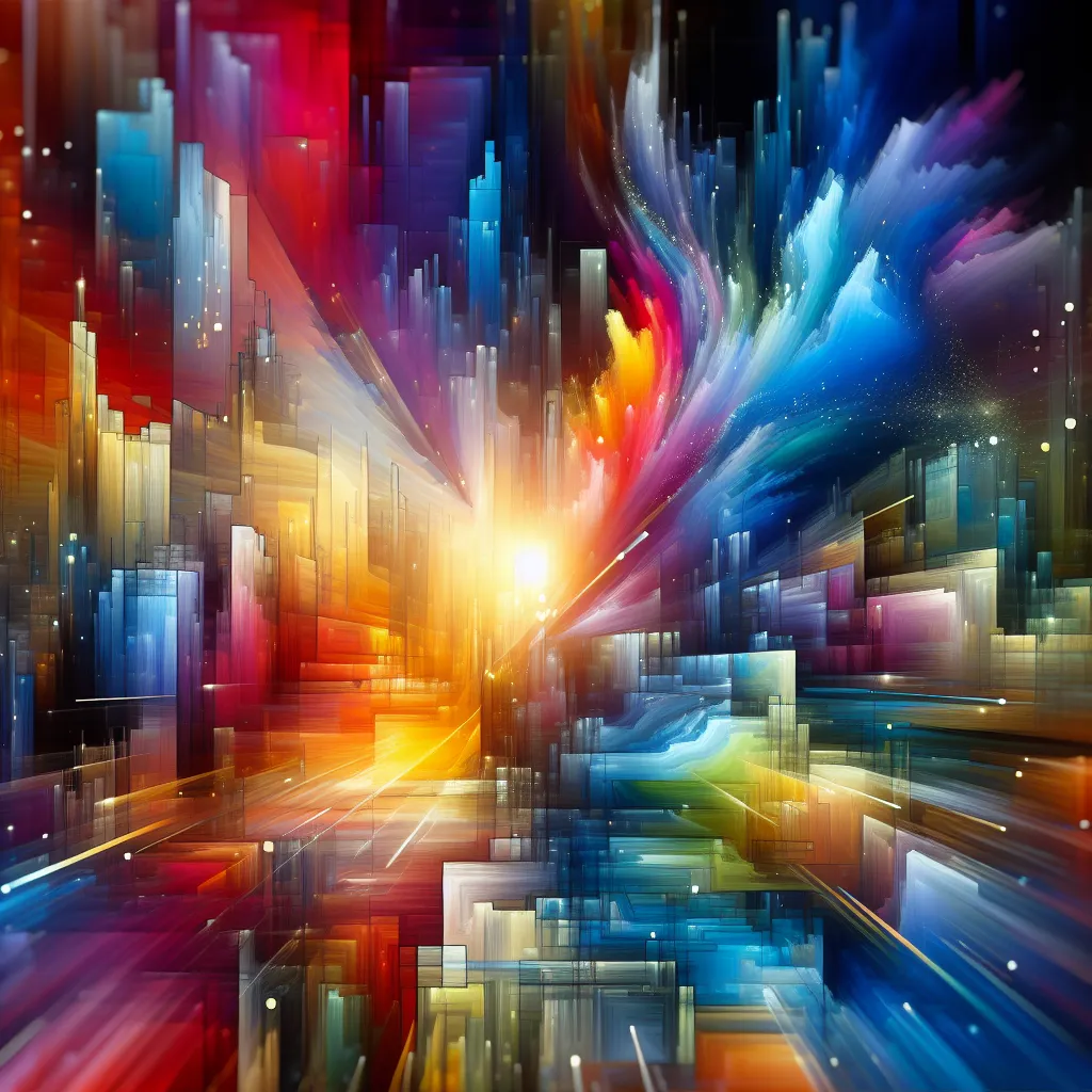 Abstract artwork featuring vibrant colors and dynamic shapes, reminiscent of a bustling cityscape at dawn. The interplay of light and shadow creates a sense of energy and movement.