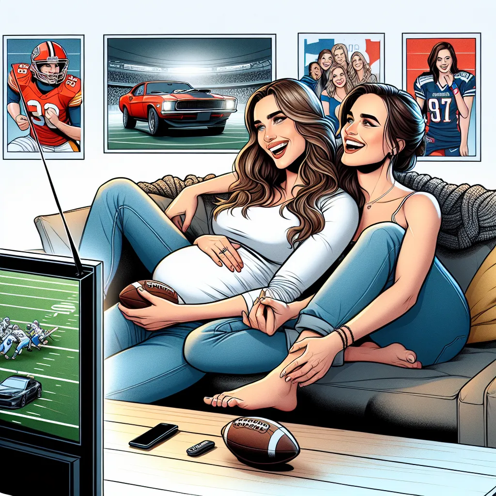 The image accompanying the story depicts two best friends, now wives, sitting comfortably on a couch, laughing together while watching a football game on television. The room is filled with posters of cars and sports teams, reflecting their shared interests. The wife who transitioned, Rachel, is portrayed as confident and proudly showing off her new body. Both women are portrayed as happy and content in their unconventional love story.