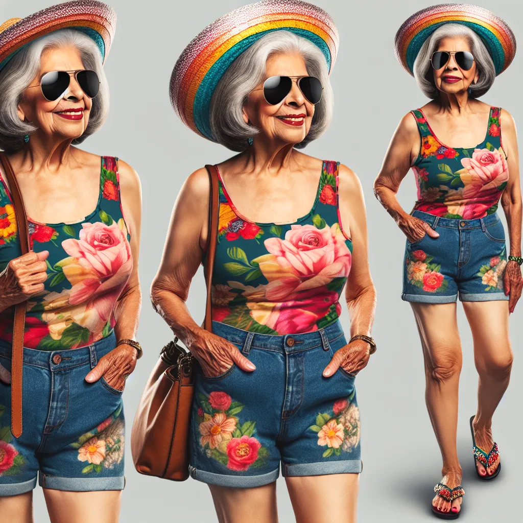 A generated image based on the story could depict a confident and proud Hispanic woman, Carmen, in her late 60s, wearing a vibrant floral tank top and denim shorts. She is shown wearing pair of feminine flip flops with Spanish flag colors, carrying a purse over her shoulder, and sporting aviator-style sunglasses. She exudes pride in her appearance and Mexican heritage.