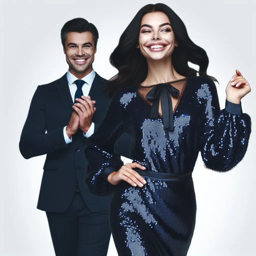 An image of Loretta, a confident and happy woman with dark black hair, wearing a form-fitting midnight blue sequin dress and clubbing heels. She exudes self-assurance and stands with Henry, her loving husband, by her side.