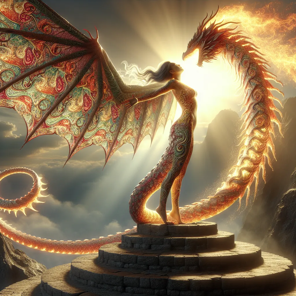 A young woman, Amara, stands at the summit of an ancient stone mound. As the sun's rays reach their peak during the Lunar Year of the Dragon, Amara undergoes a transformative process. Scales of vibrant red and yellow form under her human skin, shimmering in the light. Her old skin sheds, revealing a body adorned in stunning scales. A muscular, serpentine tail emerges, followed by an exhale of flames that arc into the sky. Majestic wings sprout from her shoulders, growing larger and more magnific