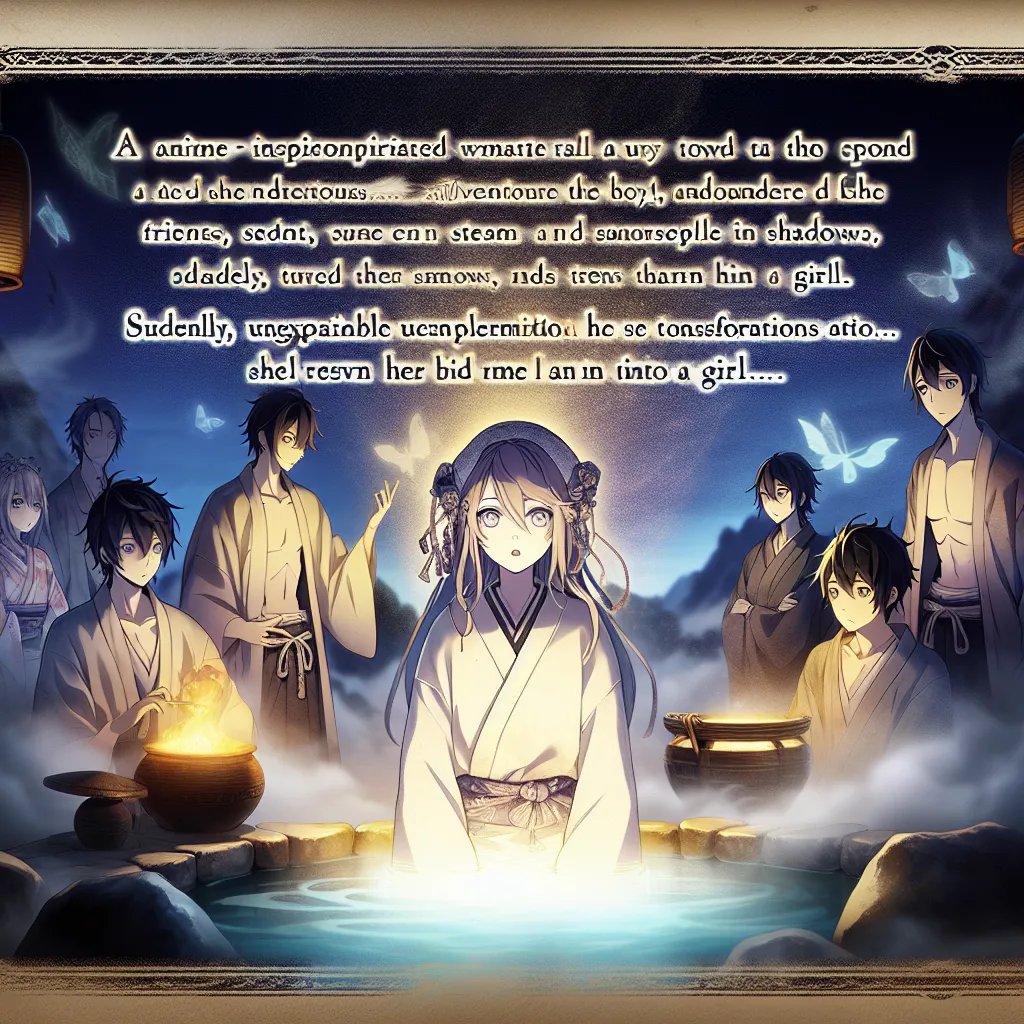 An anime-inspired horror story where Naruto's visit to a hot spring with his female friends leads to a mysterious transformation into a girl named Natsumi, marked by a magical metamorphosis amidst steam and shadows.