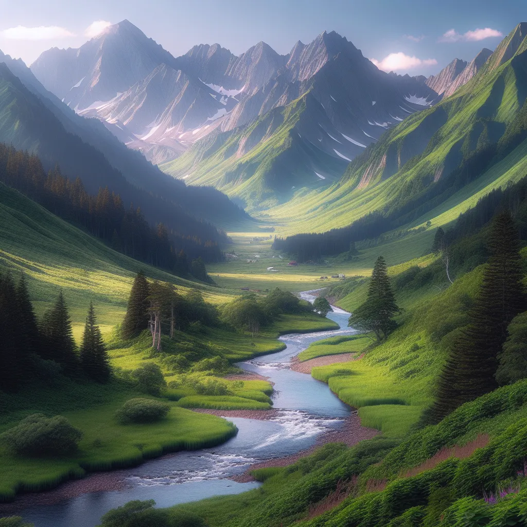 A serene mountain landscape with towering peaks, a flowing river, and a green valley below.