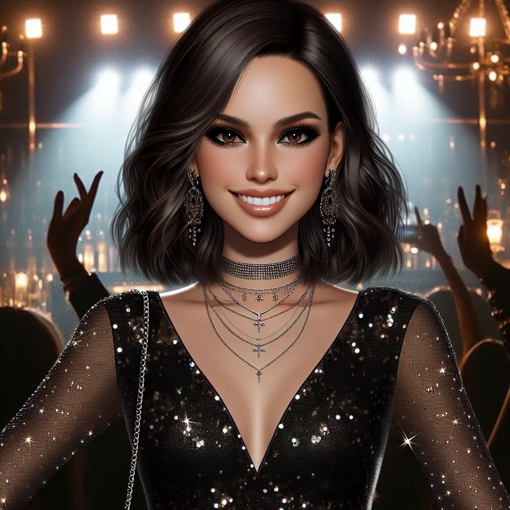 DALLE, please generate an image of a confident, elegant woman named Keisha. She has dark brown, straight hair styled in loose waves and worn down. She has a bright smile, sparkling brown eyes, and dark eyebrow arches. She is wearing a tight, black dress with a plunging neckline and sequins all over. The dress ends just below the buttocks and she is wearing fishnet stockings. Keisha is also wearing black stiletto heels and several pieces of jewelry - a pair of chandelier earrings, a gold choker n