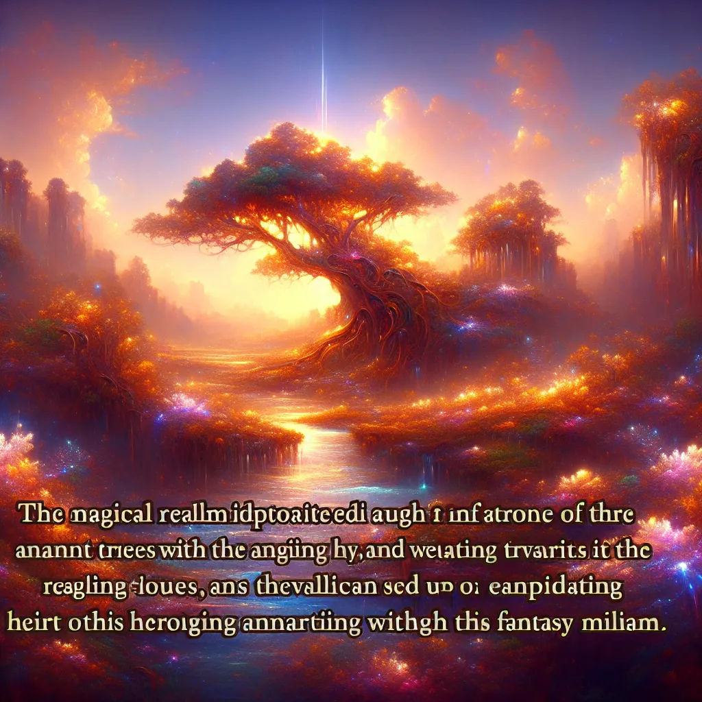 A magical realm, depicted through an ethereal landscape bathed in warm hues, where the user's prompt weaves its way into a captivating fantasy tale.