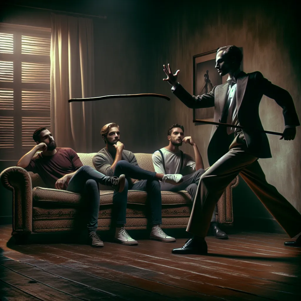 The image accompanying this story is a darkly lit living room, filled with a group of three friends sitting on a worn-out couch. One of the friends, Eddie, is in the center of the frame, wearing a provocative outfit and confidently spinning on a pole that is situated in the middle of the room. The expressions on the faces of the other two friends, Tom and the narrator, show a mix of unease, confusion, and acceptance as they witness Eddie's captivating and terrifying dance. The atmosphere is fill