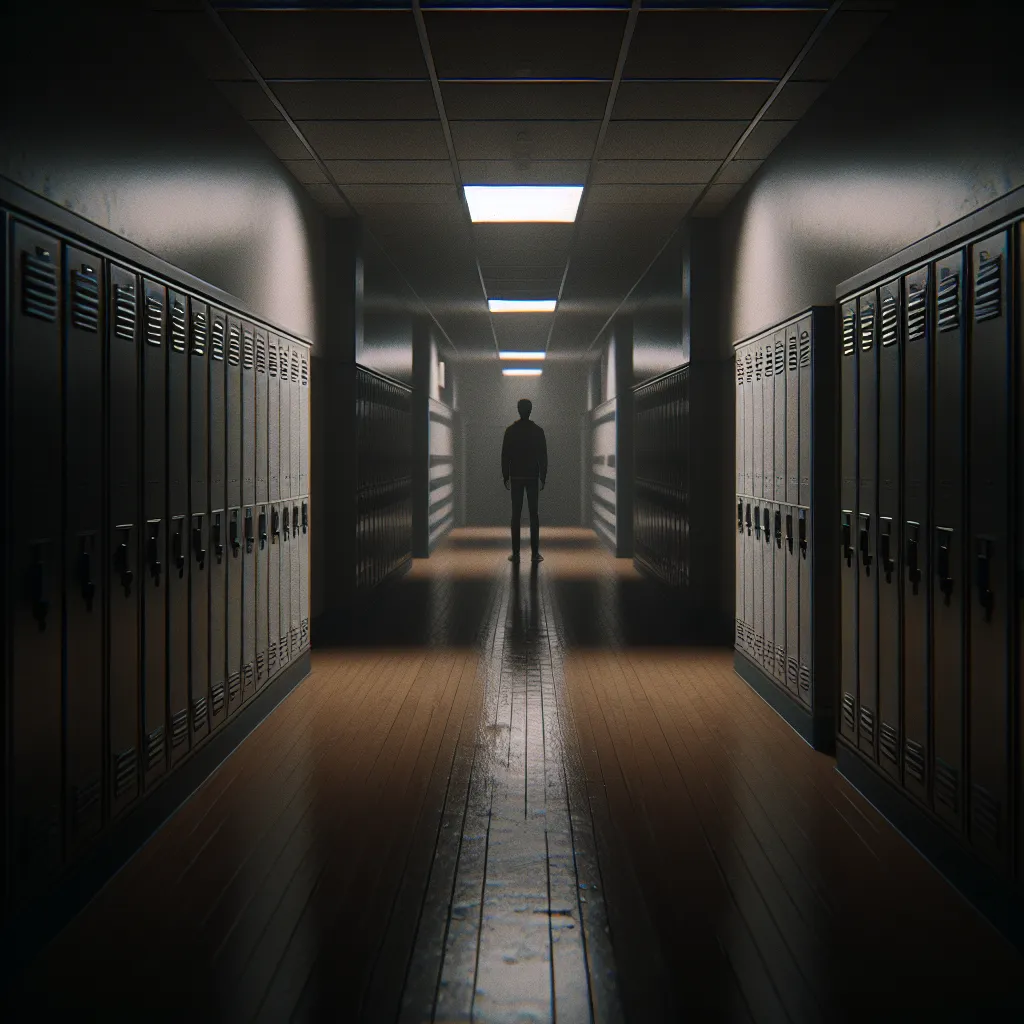 The image that will accompany this story is a dimly lit high school hallway, with lockers lining both sides. The hallway is empty, except for a solitary figure standing in the distance, their back turned towards the camera. The atmosphere is eerie, with a sense of foreboding and mystery.