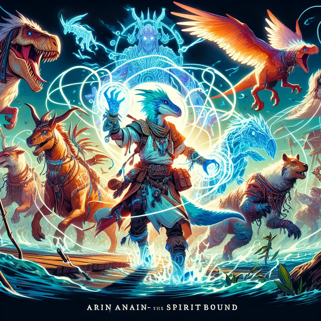 A dynamic illustration capturing the Spiritbound of Solaria shifting into their animal forms to face a mechanical threat in the water, showcasing Arian embodying the Spinosaurus spirit, defended by his loyal friends.