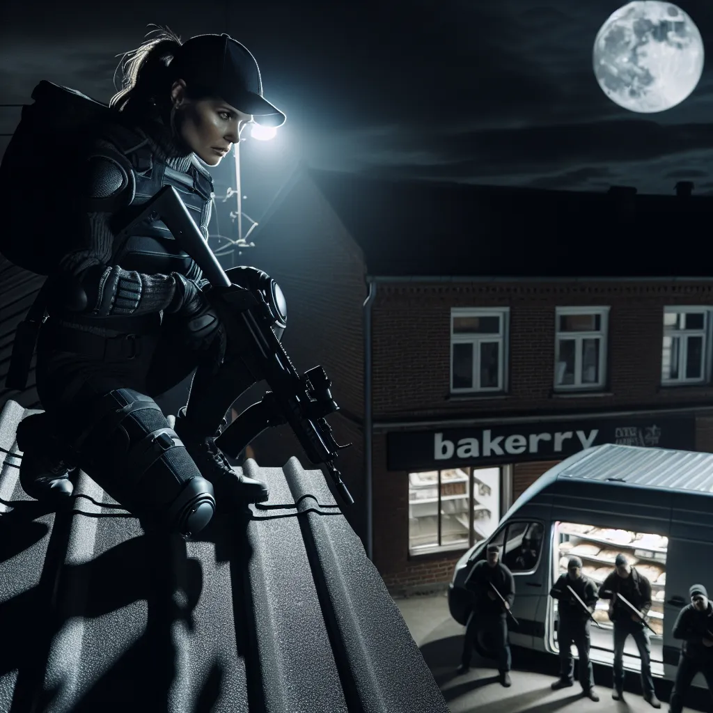 A female vigilante crouches on a bakery rooftop at night, illuminated by silver moonlight, as she watches a group of men in a van below. Tensions rise as she decides to protect her companion and navigate a dangerous situation without resorting to violence.