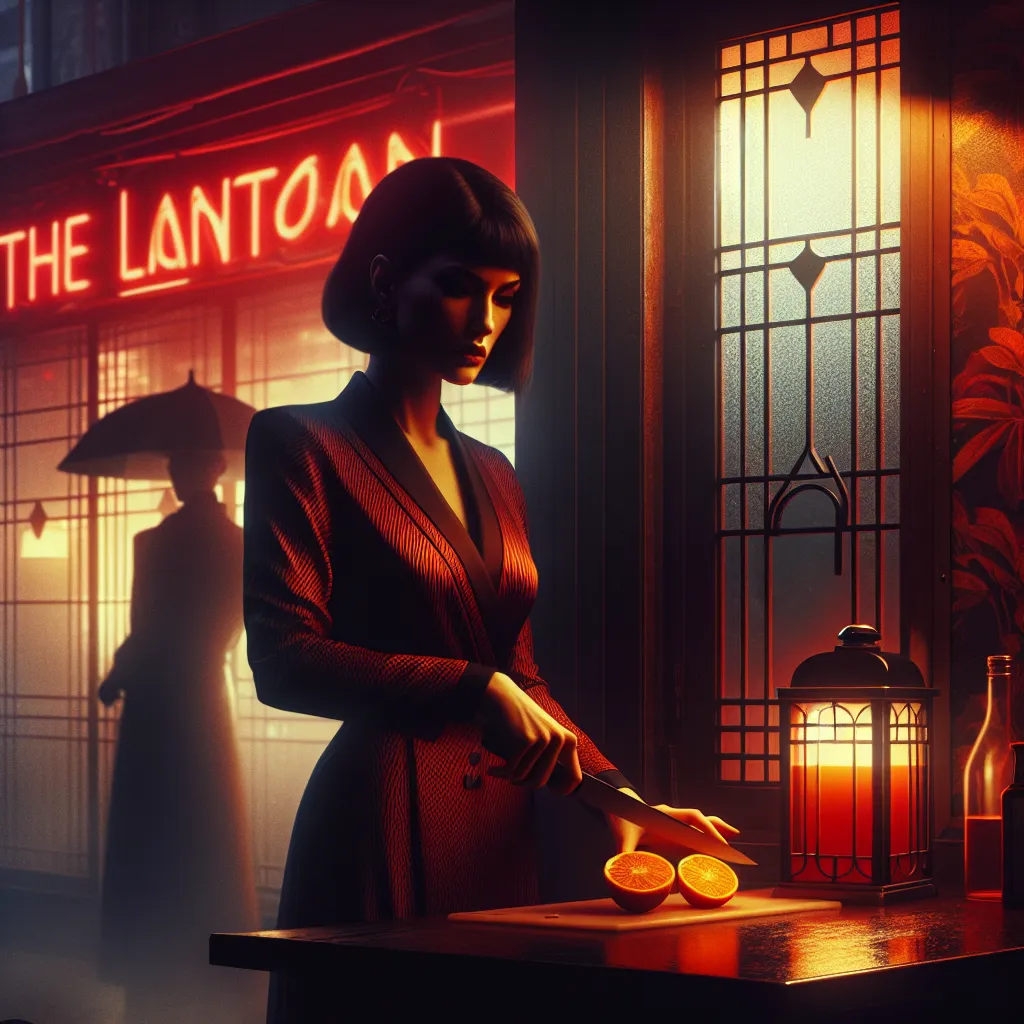 This image will depict a mysterious woman, Bianca Lucero, standing in her jazz club, The Lantern, as shadows dance in the dimly lit room. She is slicing oranges behind the bar, her expression a mix of determination and introspection, surrounded by the neon glow and the quiet hibernation of the city outside.