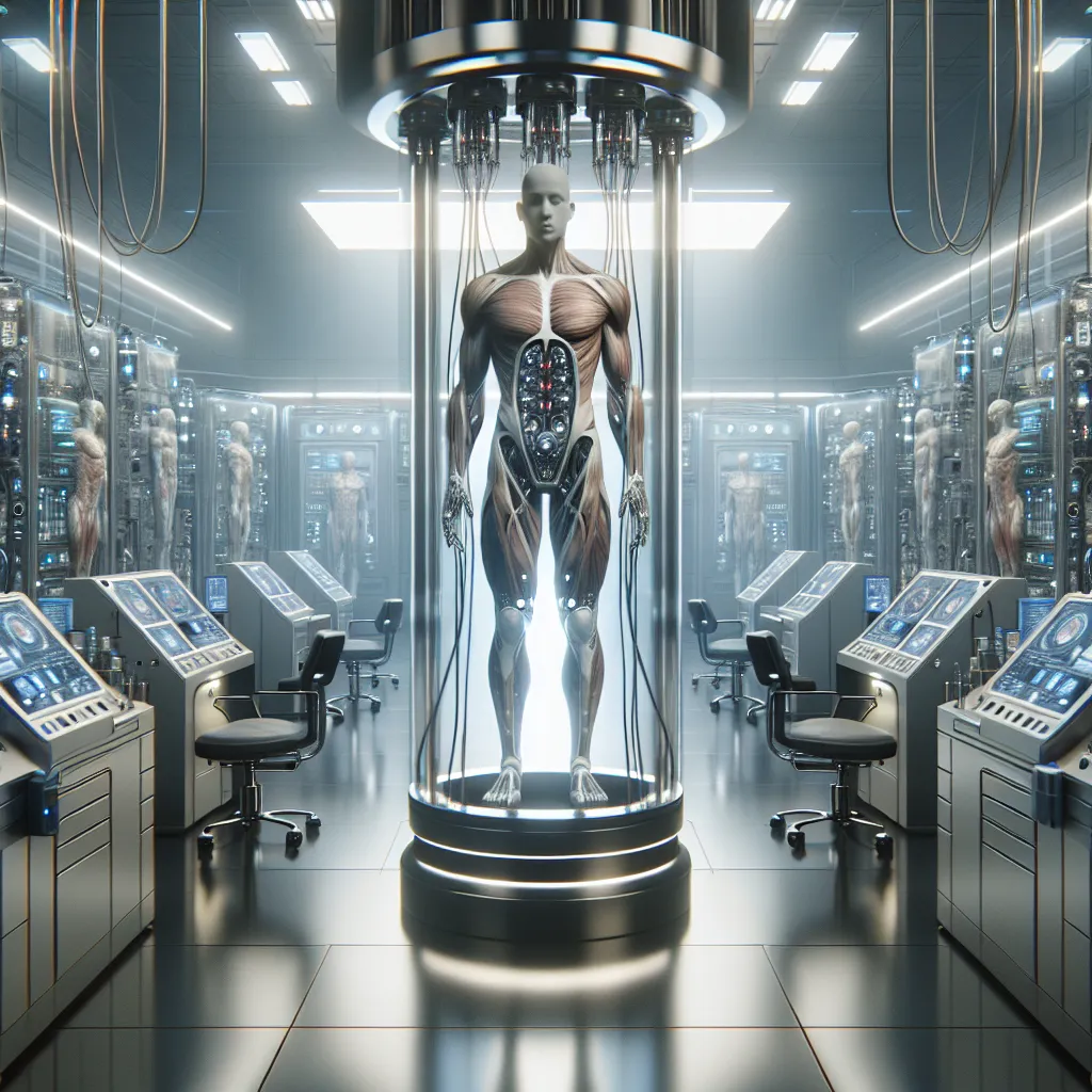 The image accompanying this story is a futuristic laboratory with sleek, state-of-the-art equipment. In the center of the lab, an upright figure stands—a headless body connected to diagnostic devices, wires, and tubes. The body is muscular and sculpted, a testament to meticulous training and optimization. The scene is illuminated by soft, ambient lighting, creating an atmosphere of both awe and anticipation.