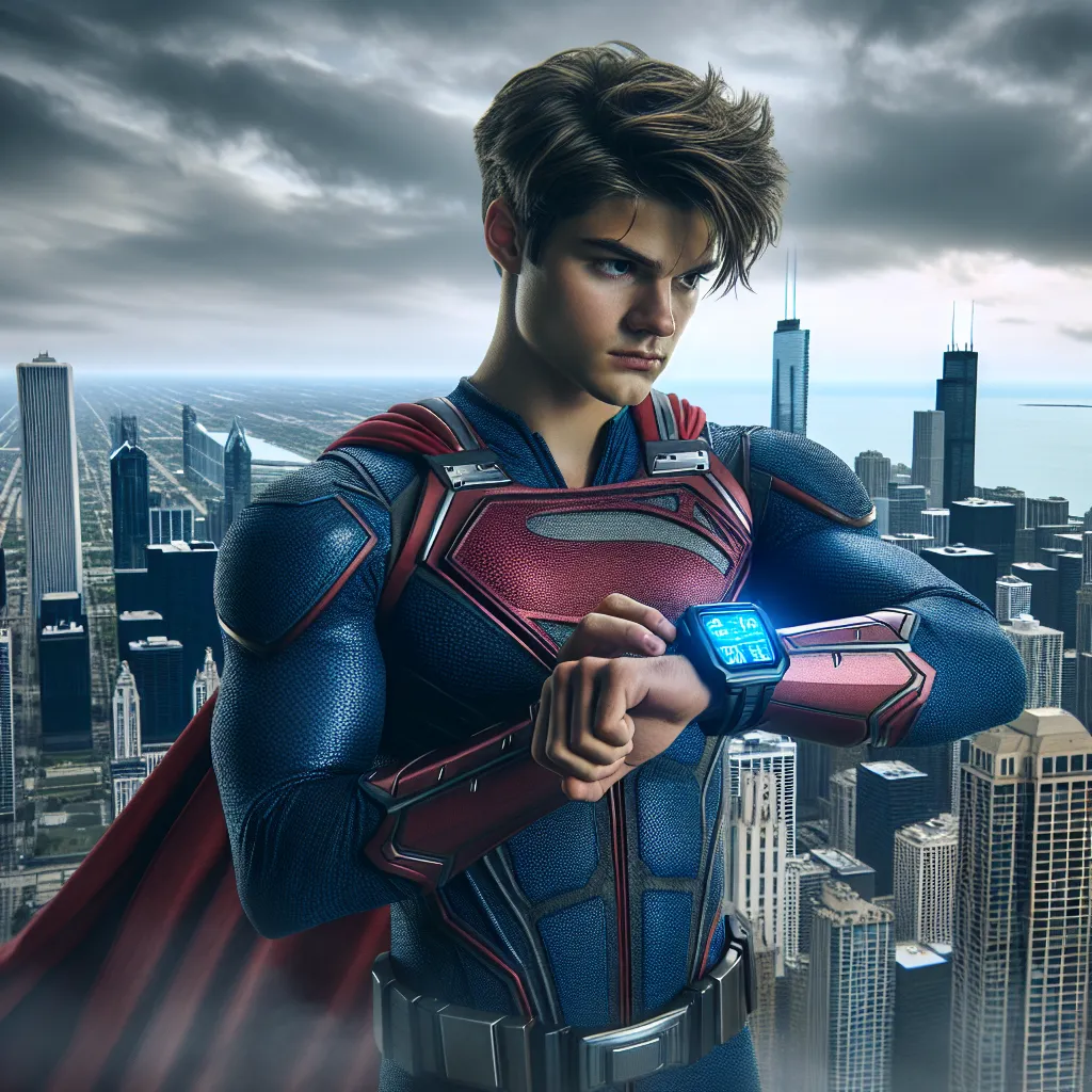 A young hero named Angel Qunteros, equipped with the Omnitrix, stands heroic against the backdrop of Chicago's iconic skyline.