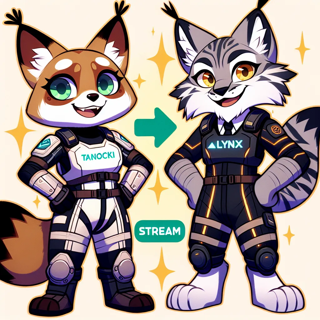 An anthropomorphic tanooki and lynx stand side by side, marveling at their transformation suits. Their excitement and joy are evident in their expressions as they prepare to embark on a new chapter of streaming together.