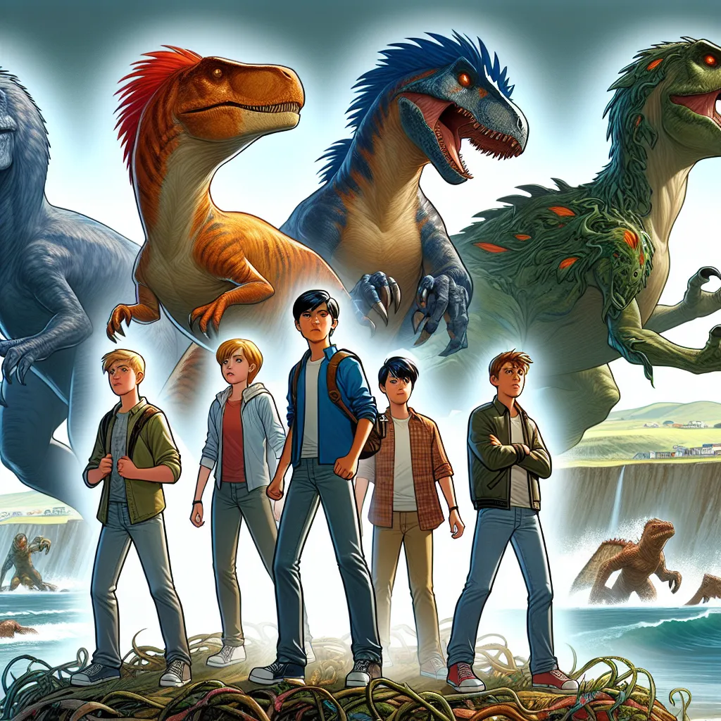 An image accompanying this story could depict the five teenage members of the Dino Squad standing together in their transformed dinosaur forms, ready to face off against the mutated prehistoric creatures unleashed by Daniel Dakota. The background could highlight their coastal town of Kittery Point, Maine, with hints of the ocean and cliffs. The teenagers should be shown embodying the essence of their respective dinosaur species, showcasing their unique abilities and conveying unity and resilienc