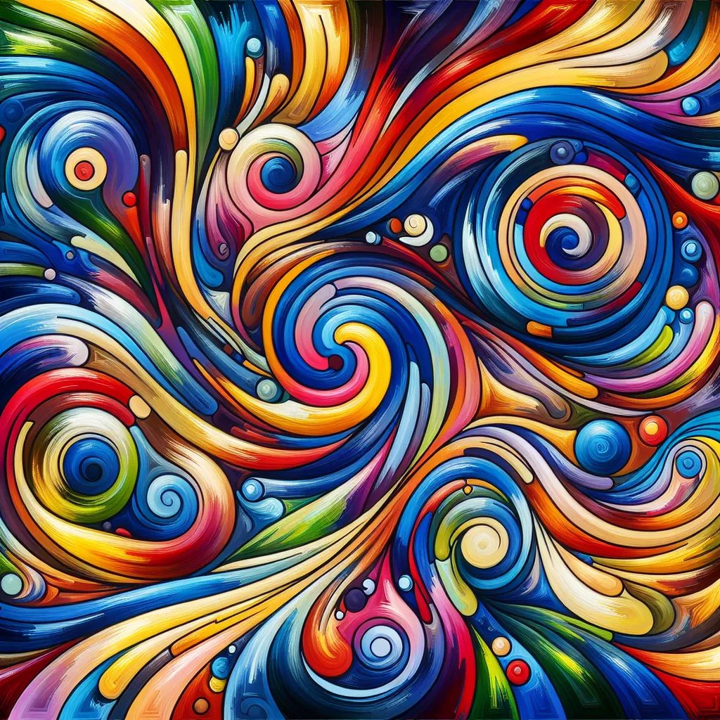 Description: Colorful abstract artwork depicting vibrant swirls and shapes in various shades of blue, red, green, and yellow.