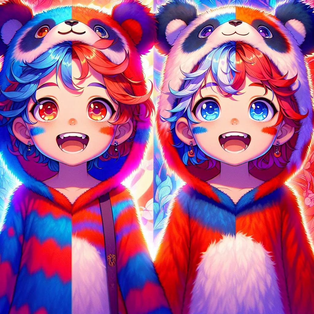 Description: Two siblings, Rina and Lia, stand side by side as they undergo a fantastical transformation into anthropomorphic red and blue pandas. Their bodies morph and shift, with fur sprouting in vibrant patterns, tails growing from their spines, and distinctive red and blue hues enveloping their new forms. Their eyes shine with excitement and joy as they embrace their newfound identities and embark on a journey of adventure together.