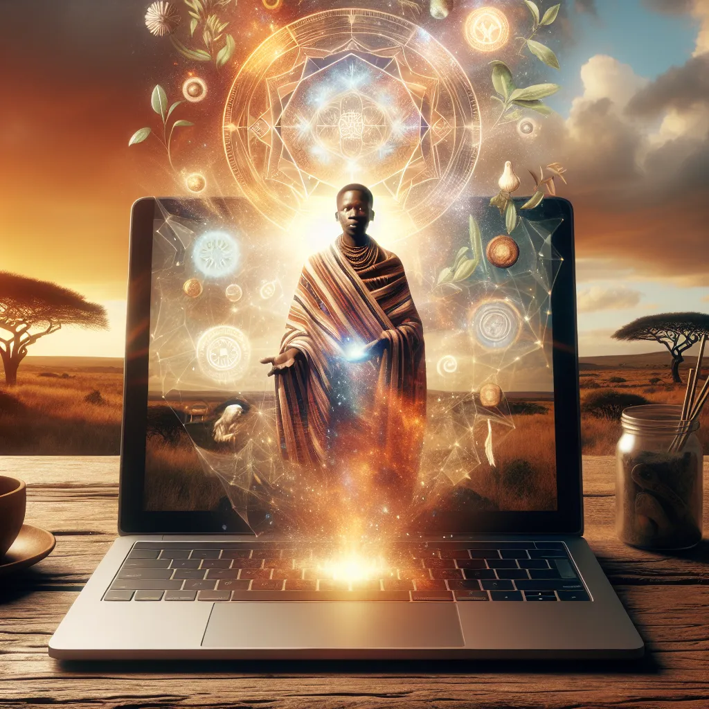 An evocative, warm-toned digital illustration showing a modern laptop open on a wooden table, with a radiant, wise African sangoma figure appearing holographically above the screen, surrounded by glowing ancestral symbols, herbal elements, and soft ethereal light. The background hints at both traditional African landscapes and subtle digital/online motifs, symbolizing the fusion of ancient spiritual healing and contemporary virtual connection for love, life, and wellness guidance.