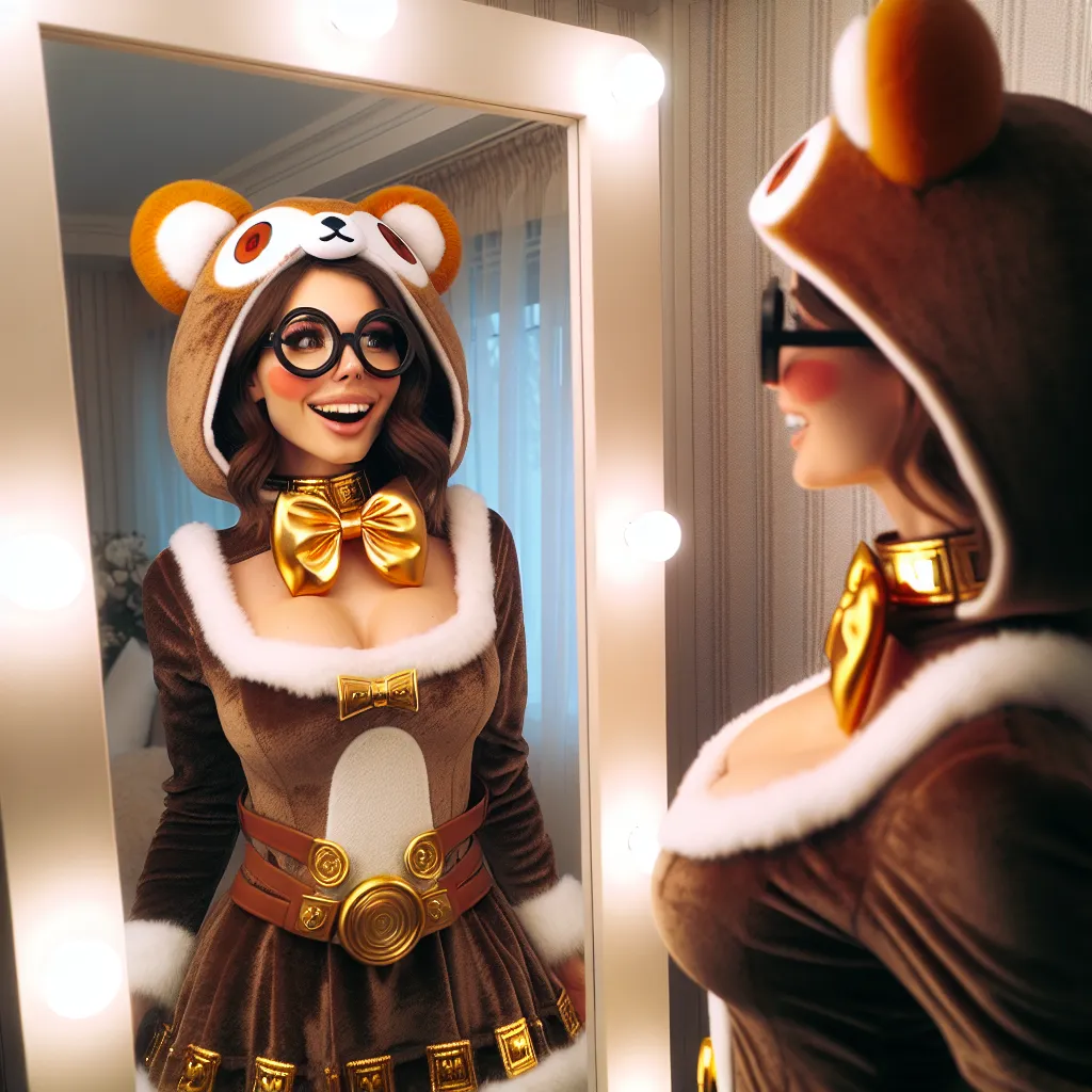 A female vtuber stands in front of a mirror, her reflection revealing her transformed self. She wears a realistic skinsuit of her anthropomorphic tanooki character, complete with round glasses and a golden bow. Her excitement is palpable as she embraces her new identity, ready to reveal this thrilling change to her online audience.