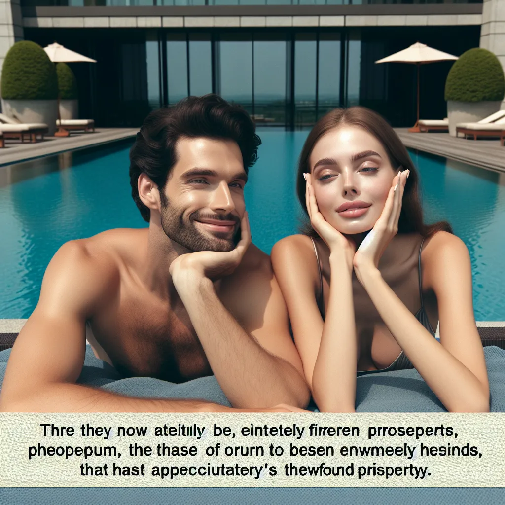 The image is of two friends, a man and a woman, lounging by a luxurious infinity pool, surrounded by opulent scenery. They exude a sense of fulfillment and contentment, embracing their newfound wealth and new identities after a mysterious coin swapped their bodies with a wealthy couple.