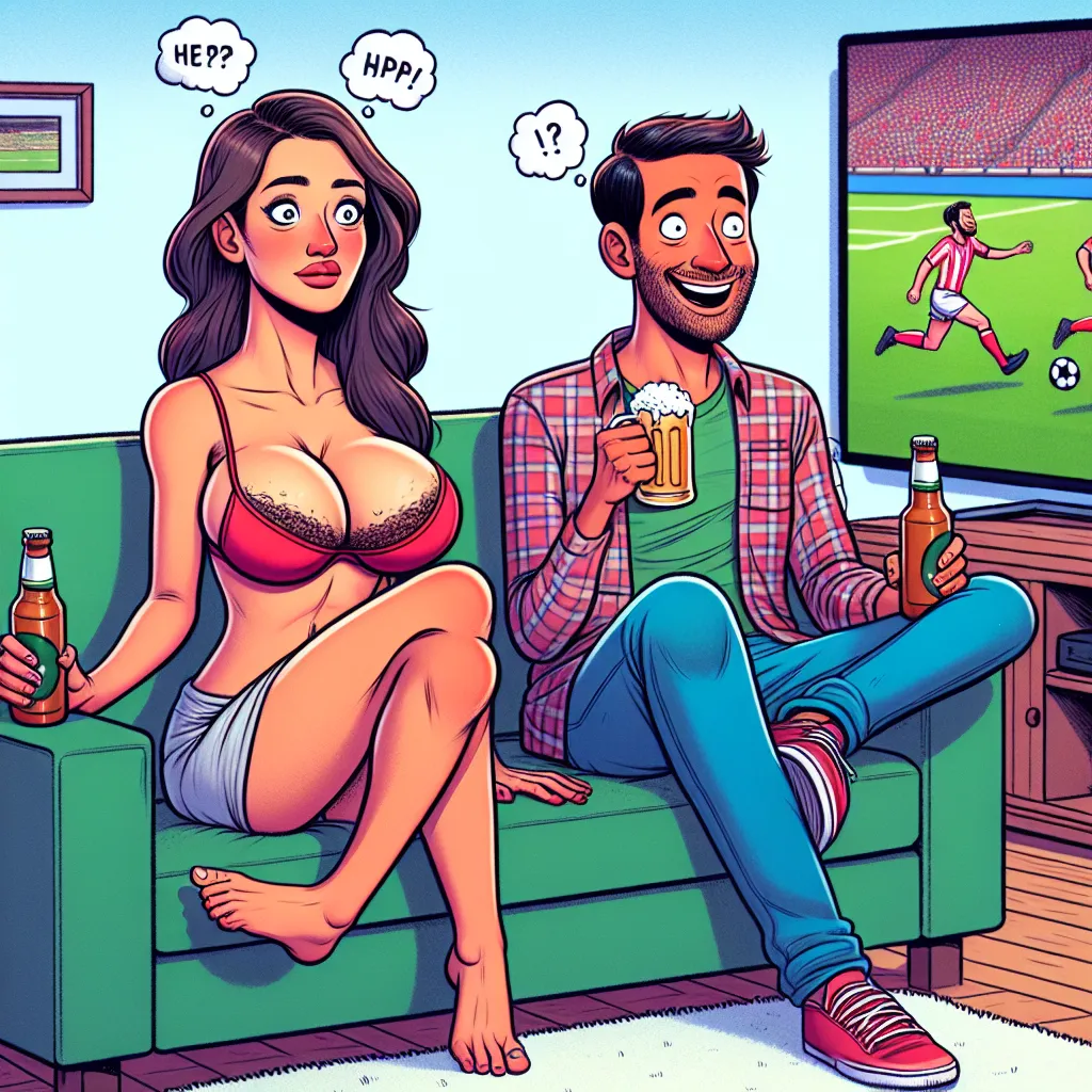 A humorous illustration featuring two people who have undergone a body swap. One person, now in a female body, is adjusting to the new experience, while the other, in a male body, is finding humor in the situation. They are sitting on a couch, watching a sports game on TV and enjoying cold beers.