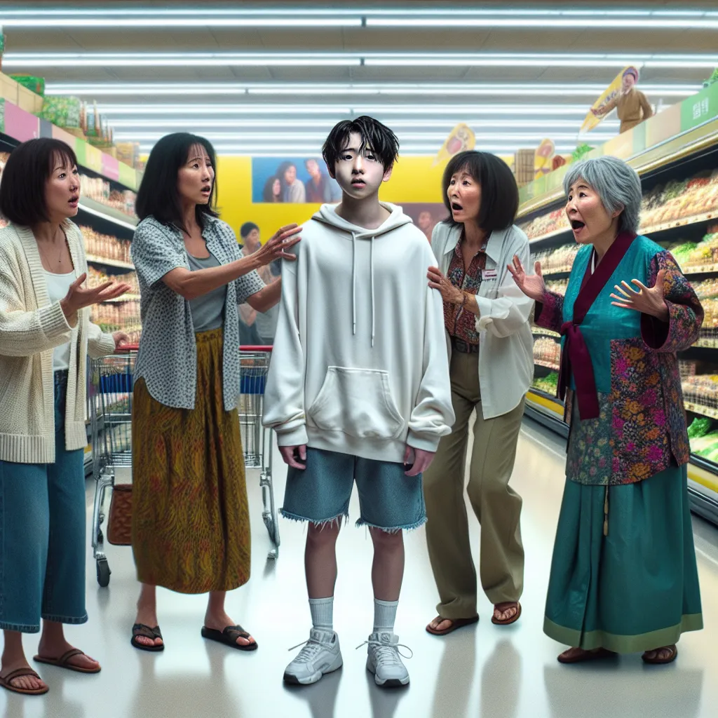 A detailed image featuring a scene in a busy supermarket aisle, showcasing a young boy named Oliver James Reynolds undergoing a mysterious transformation into an older Korean woman, with contrasting appearances and emotions evident on his face. Surrounding him are his mother Hailey and grandmother Ellen, along with three Korean women named Kim Sooyeon, Park Hyunja, and Lee Sunhee, who are reacting with concern and curiosity to the unexpected change. The vibrant and diverse characters are dressed