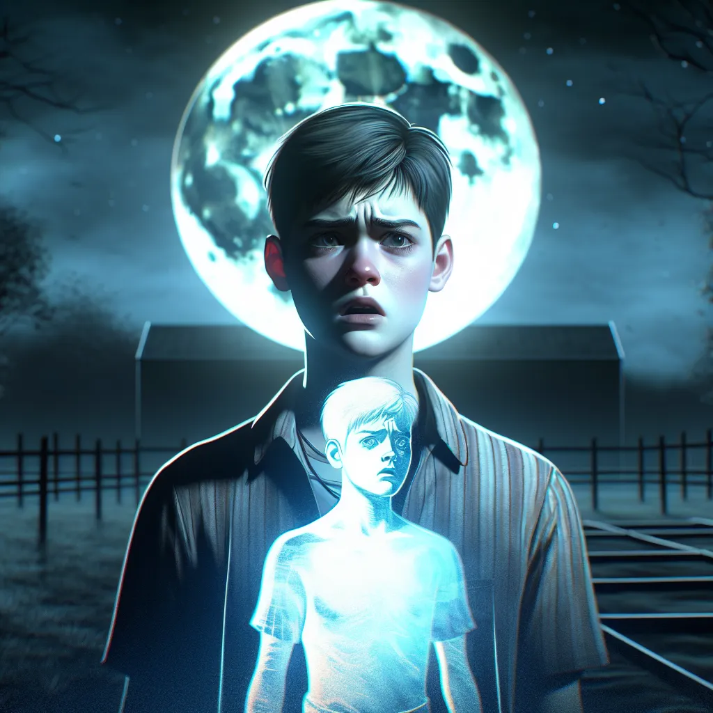 Title: "The Unfamiliar Reflection"
Genre: Horror

Description: An image of a young person, standing in a moonlit training ground. They appear distressed as they undergo a supernatural transformation, their body shifting from male to female. The focus is on their face, capturing the fear and confusion in their eyes.