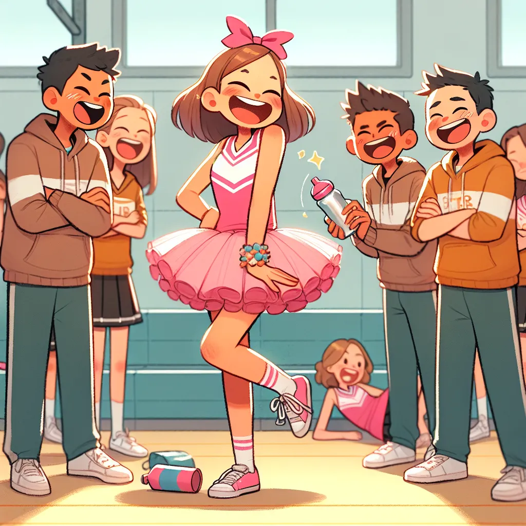 The image accompanying this story is a scene in a school gymnasium. It shows Kim Possible, a cheerleader, in a humiliating situation. She is dressed in a diaper, bonnet, bib, and pink frilly tutu, looking embarrassed and helpless. Other cheerleaders, including her friend Ron, are laughing and teasing her. Bonnie, the antagonist, is enjoying the moment and holding a baby bottle. The gym is filled with laughter and mockery as the cheerleaders continue their routine while Kim sits in a baby bouncer