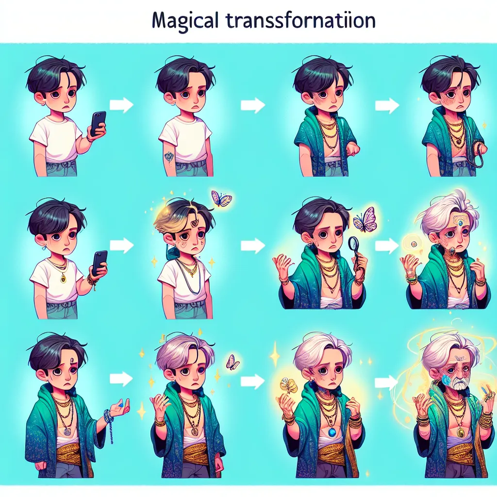 The image accompanying this story could depict a transformation from a young boy to an older woman. It could show the boy's features gradually changing to reflect those of the woman, including hair length and color, wrinkling skin, and the addition of jewelry. The image could also include elements of the boy's surroundings, such as the phone he was using, the clothes he was wearing, and the jewelry he found. Finally, the image could show the woman's confusion and frustration as she searches for 
