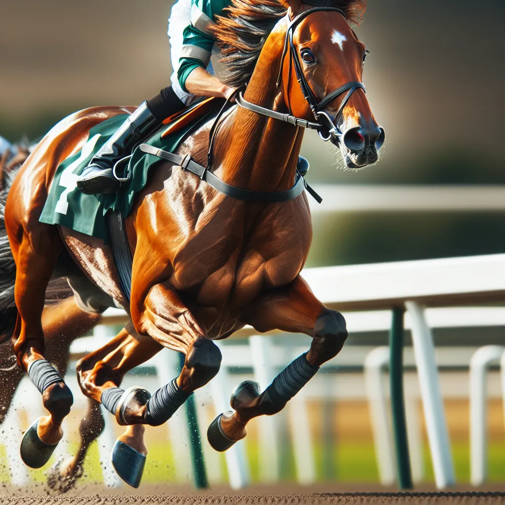 An image of a newly transformed filly racehorse charging forward on a race track, ridden by a jockey with sharp spurs digging into its sides. The horse's face shows fear and confusion, its chestnut coat glistening under the midday sun. The intensity and pain of the race is evident in its wild gallop, while the question of its future freedom hangs in the air.