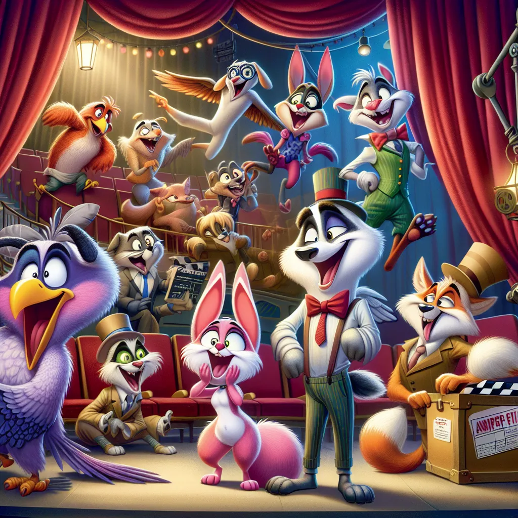 The image accompanying this story could feature the ensemble cast of Littlest Pet Shop characters, including Edie, Trip, Bev, Roxie, Jade, and Quincy, getting caught up in the chaos of a theatrical performance backstage. The image captures their expressions of amusement, surprise, and frantic energy as they navigate a mix-up with a body swap device and prepare for an unconventional and comical stage show.