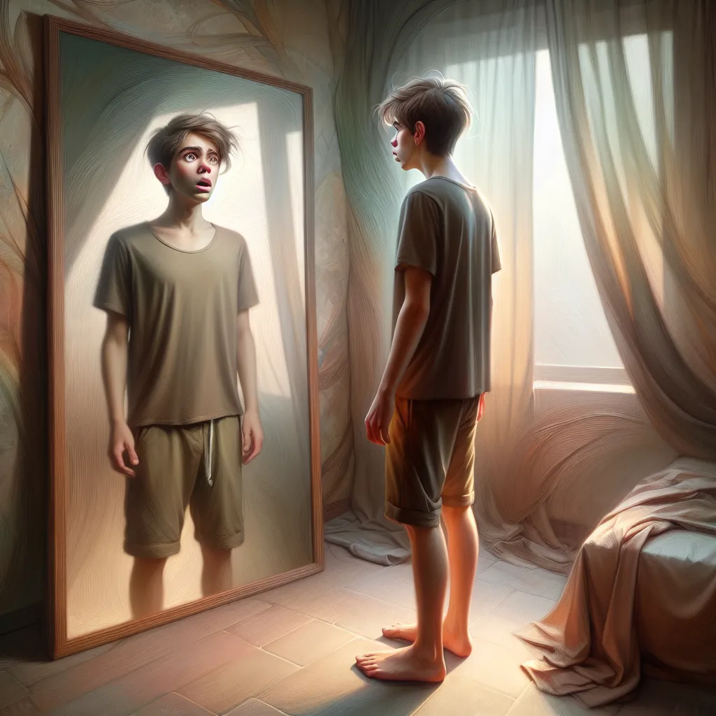 A descriptive image of a young person looking in a mirror with a stunned expression, seeing their reflection as someone else. The background subtly conveys a sense of bewilderment and emotional turmoil, reflecting themes of identity, gender dysphoria, and coping with a permanent body swap.