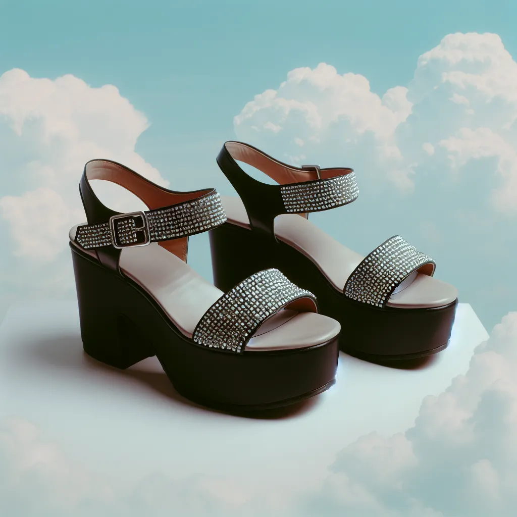 An image of a pair of black platform sandals with rhinestone straps, reminiscent of the ones in the story, resting against a background of a pale blue sky.