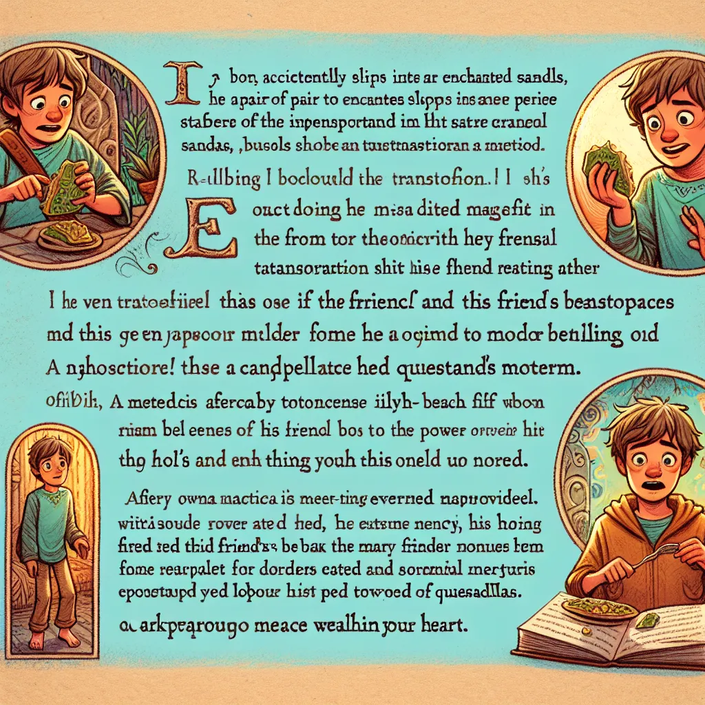 A young boy, Michael, transforms into the image of his friend's mother, Yolanda, after accidentally wearing her magic flip flops. The detailed transformation lists show his feet, legs, torso, arms, face, and hair changing to mirror Yolanda's appearance. Helpless and in a panic, Michael interacts with Yolanda and her son, Diego, in his new form before pleading for help to return to normal. With Yolanda's assistance, Michael manages to reverse the transformations by putting on his own shoes, savin