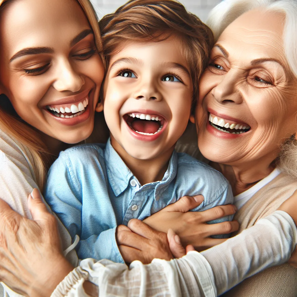 An image depicting a young boy in the arms of his mother and grandmother, surrounded by a sense of love and triumph.
