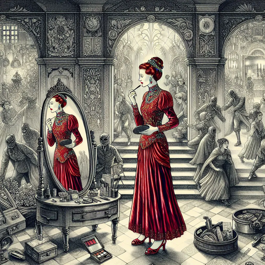 A woman named Caroline, dressed in an elegant red satin dress, stands in front of a mirror in her bedroom. She carefully applies lipstick and checks her purse, filled with her belongings. Suddenly, masked intruders burst into the house, causing Caroline's panic. She runs to her room but trips in her platform sandals. In the midst of the chaos, Caroline's appearance begins to change – her feet, legs, torso, arms, hands, and face all feminize. The transformation is complete as memories shift, and 