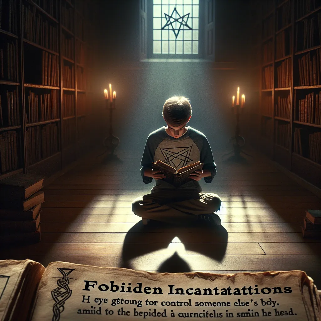 A dimly lit library with elongated shadows on the wooden floors. A teenager, James, sits hunched over a dusty tome he shouldn't touch. He reads a forbidden spell promising control over another's body. Tempted by desires and curiosity, he uses the spell on his neighbor. James experiences the thrill of power and control in a headless body but is plagued by guilt. He sneaks into his parents' room and repeats the spell, but remorse overwhelms him. The weight of his actions forever changes him, leadi