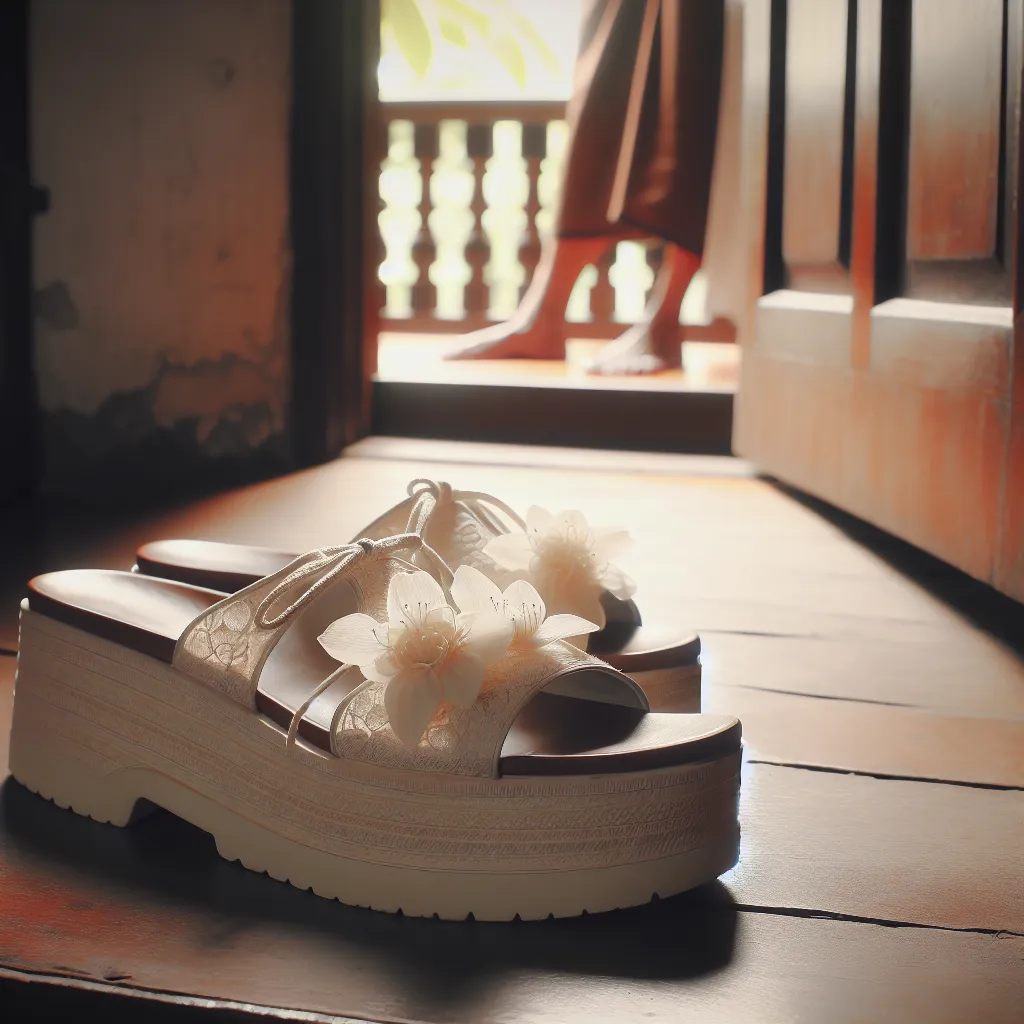 An image of a pair of platform sandals, placed gently by the doorway, symbolizing the loss and memories of a beloved mother and grandmother.