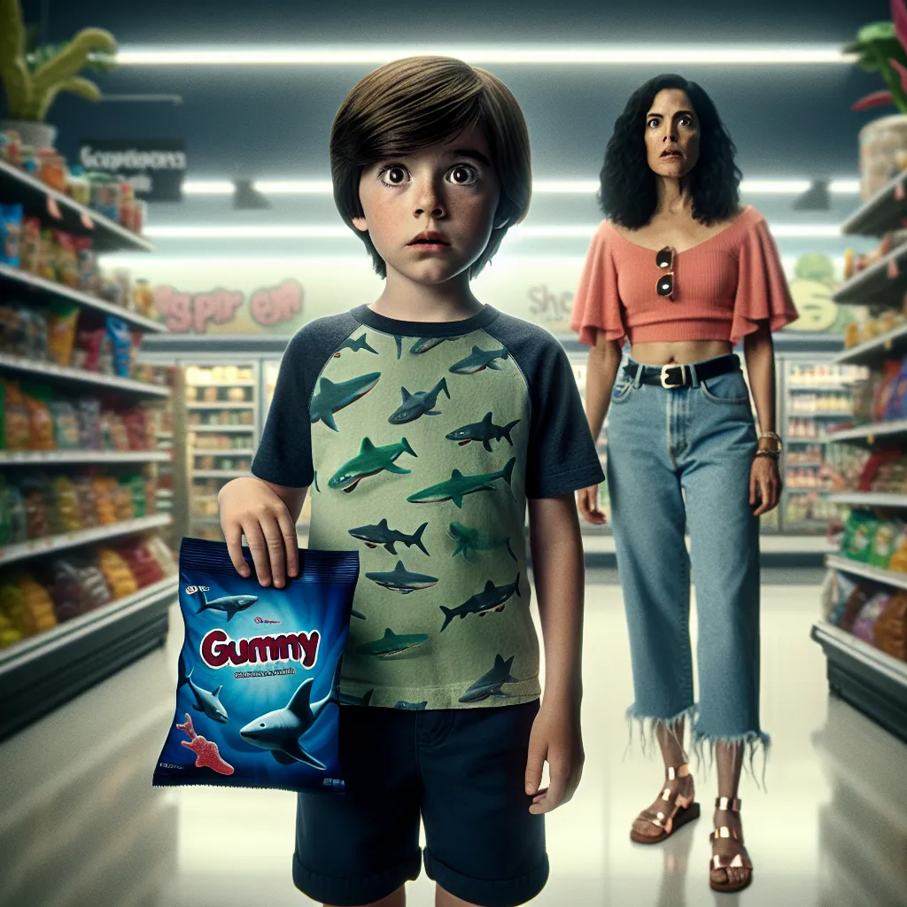 The image will portray a young boy named Oliver James Harper standing in a supermarket aisle with a bag of gummy sharks in his hand. He looks wide-eyed and slightly bewildered, clad in navy blue cotton shorts and a faded green dinosaur print t-shirt. In the background, a young woman named Lacey, in her mid-twenties, gazes at him with a mix of confusion and concern, wearing a coral crop top, frayed jeans, and rose gold sandals. The setting conveys a sense of mystery and magic, capturing the momen