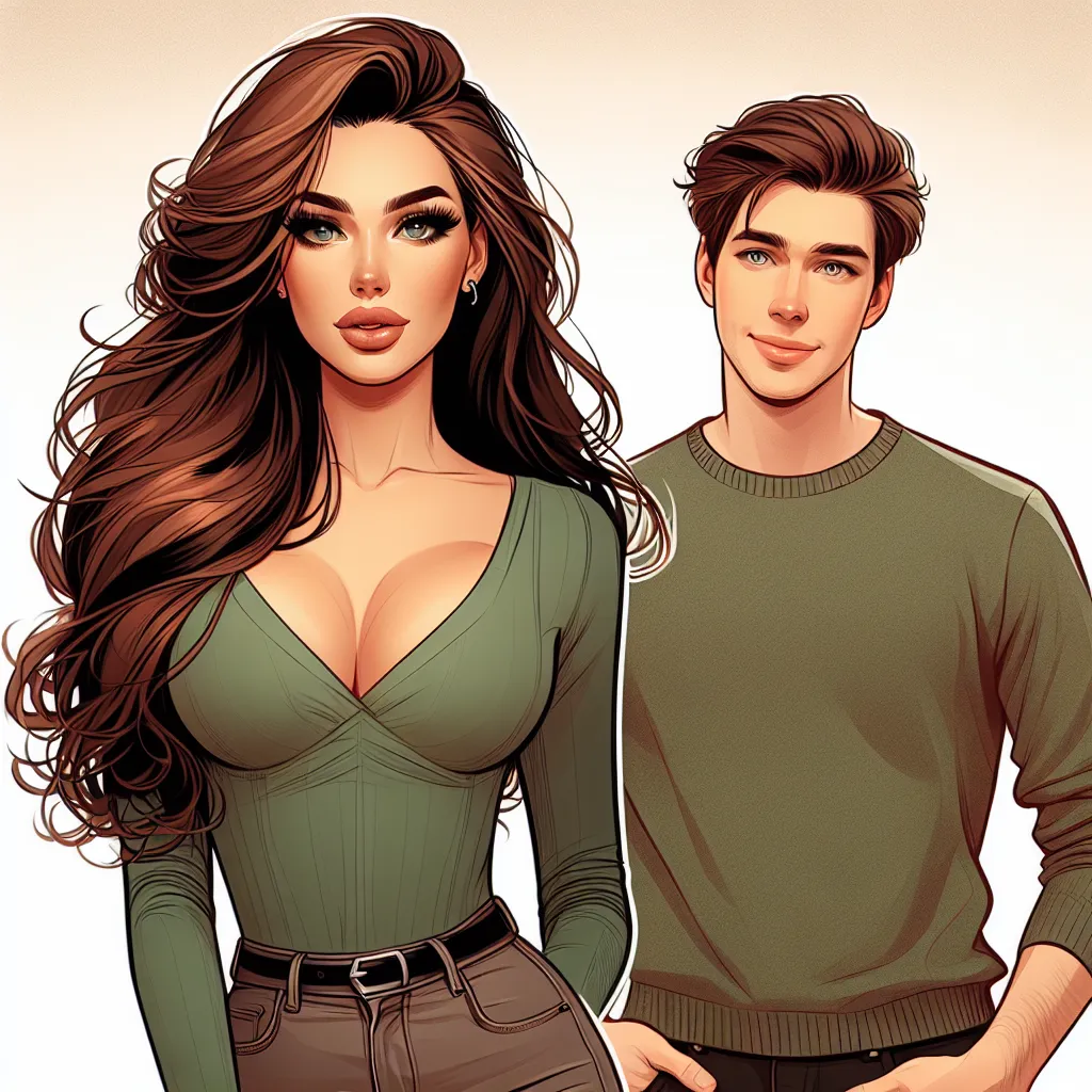 Title: Gender Waves: A Journey of Friendship and Self-Discovery

Description: A digital illustration depicts two young adults standing side by side, a man and a woman. The woman, formerly Jake, now Jenna, exudes confidence and femininity with luscious brown hair cascading down her shoulders. She wears a fitted green sweater and skinny jeans, her presence turning heads. The man, with an amused expression, stands next to her, showcasing their enduring friendship.