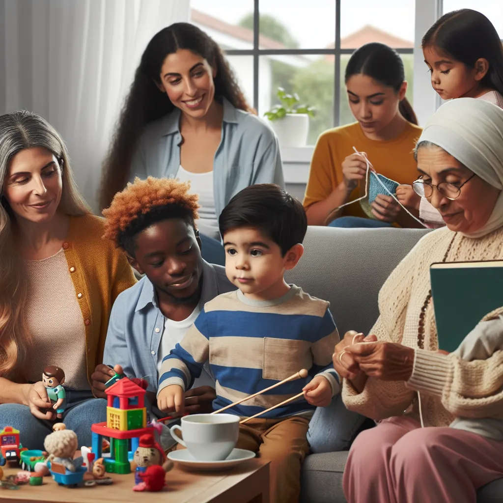 A five-year-old boy named Liam and his family are described in this text. The accompanying image could show a diverse group of family members, including Liam, his mom Emily, Liam's cousin Sarah, his aunt Lisa, and his grandmother Patricia. The image might depict them interacting in a home setting, with a focus on their appearances, such as their hair, eye color, and clothing styles.