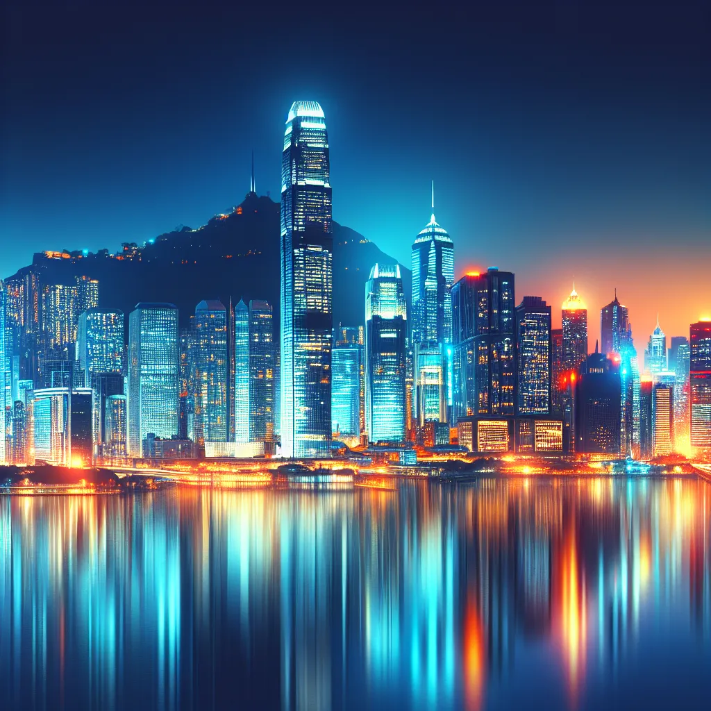 A vibrant city skyline at dusk, with glowing skyscrapers reflecting on the water below. The image depicts an urban metropolis filled with energy and life.