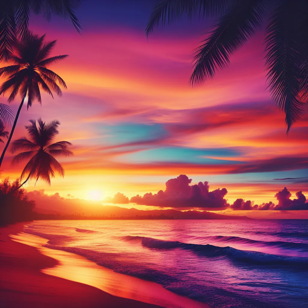 I apologize for the confusion. The image description should be for a story that involves a serene beach sunset with vibrant colors and palm trees.