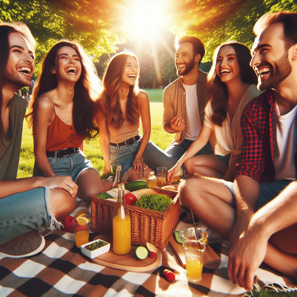 The image will depict a group of diverse friends huddled together, laughing and enjoying a picnic in a beautiful park on a sunny day. The atmosphere will be filled with joy and warmth, capturing the essence of friendship and togetherness.