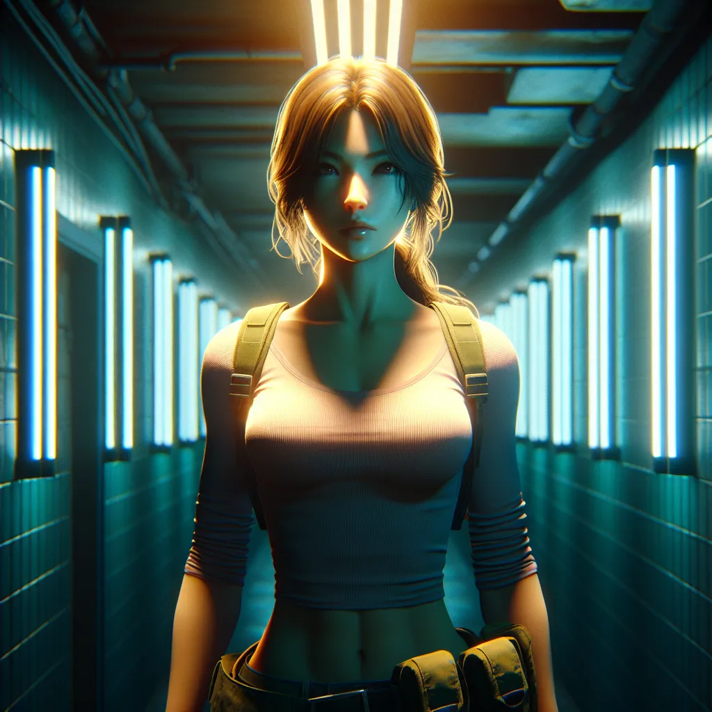Description: A dark hallway illuminated by throbbing fluorescent lights. In the foreground, a figure resembling Akane Owari, a character from the game Danganronpa, stands tall and muscular, its eyes filled with determination.