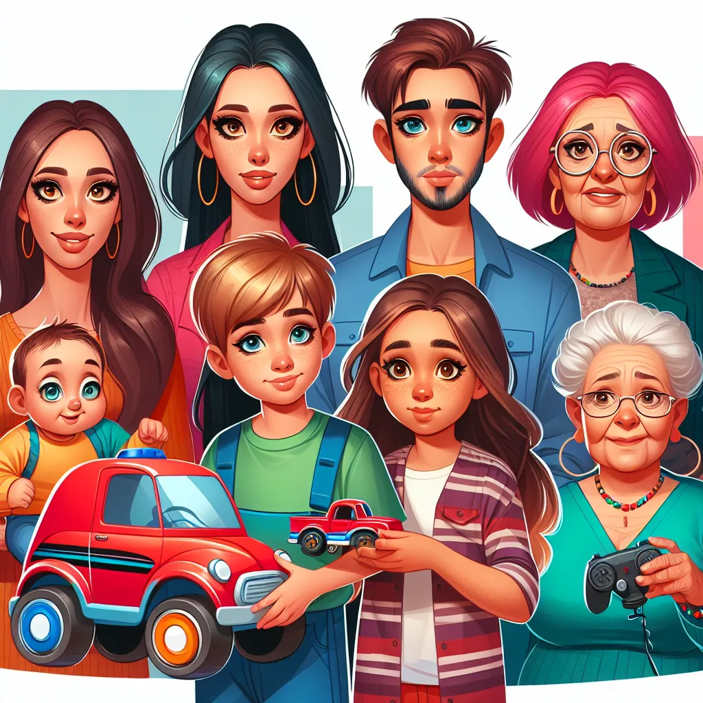 A colorful image featuring a diverse family, including a young boy named Jacob, his mom Emily, his cousin Sarah, his aunt Karen, and his grandma Linda, along with their friend Sophia and her parents Maria and Carlos. The image showcases their unique appearances, including their hair, eyes, and clothing. Jacob can be seen holding a small toy car, while Maria looks surprised as she takes it from him.