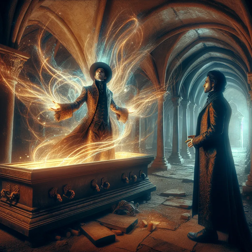 Description: The image depicts a dimly lit, ancient crypt with a figure emerging from a coffin in the center. They are dressed in centuries-old attire and their hands are held out, crackling with untamed magic. They are greeted by a tall, dark-haired man at the entrance of an old church, their eyes locked in recognition and curiosity. The bond between them radiates as a shimmering, invisible thread connecting their hearts.
